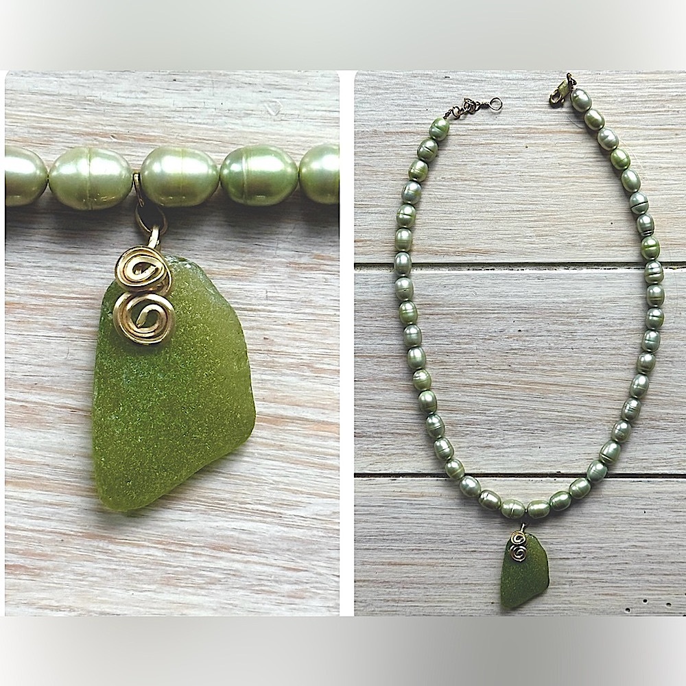 Seaglass and green pearl (dyed) handmade necklace.